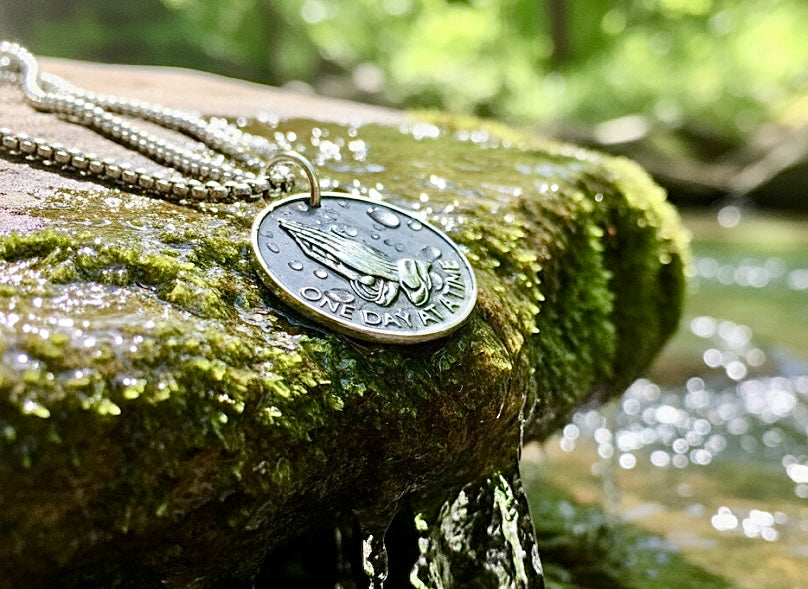 Solid Sterling Silver Serenity Prayer Coin Necklace Praying Hands Raised Lettering Sobriety Coin Necklace one day at a time