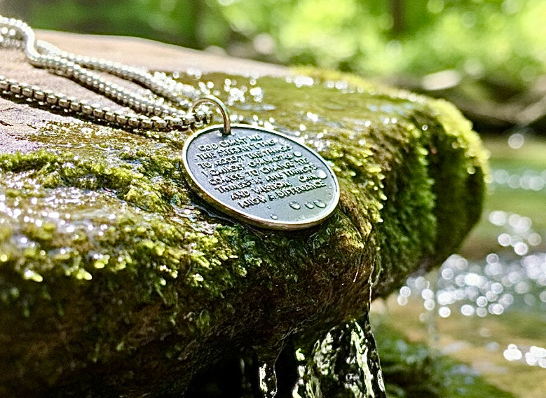 Solid Sterling Silver Serenity Prayer Coin Necklace Praying Hands Raised Lettering Sobriety Coin Necklace one day at a time