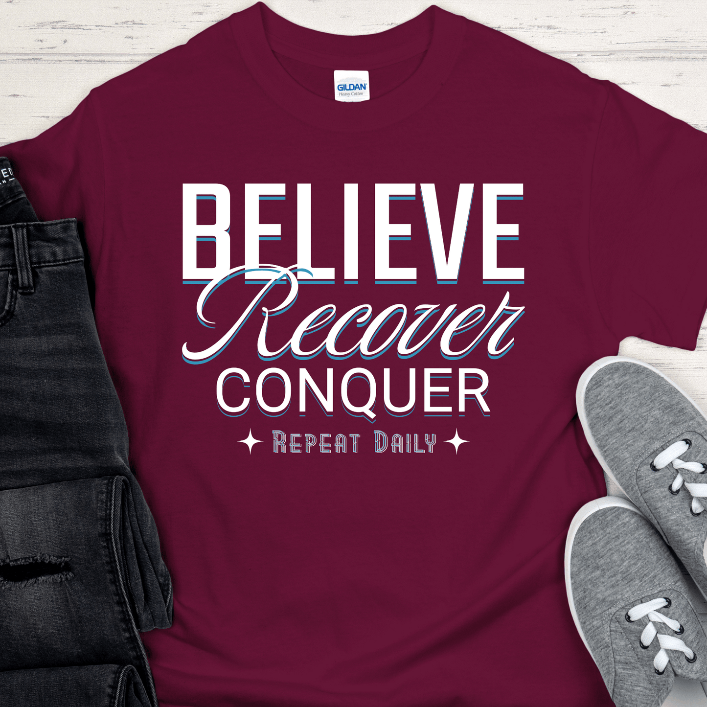 Recovery T-Shirt | Inspiring Sobriety |  Believe, Recover, Conquer